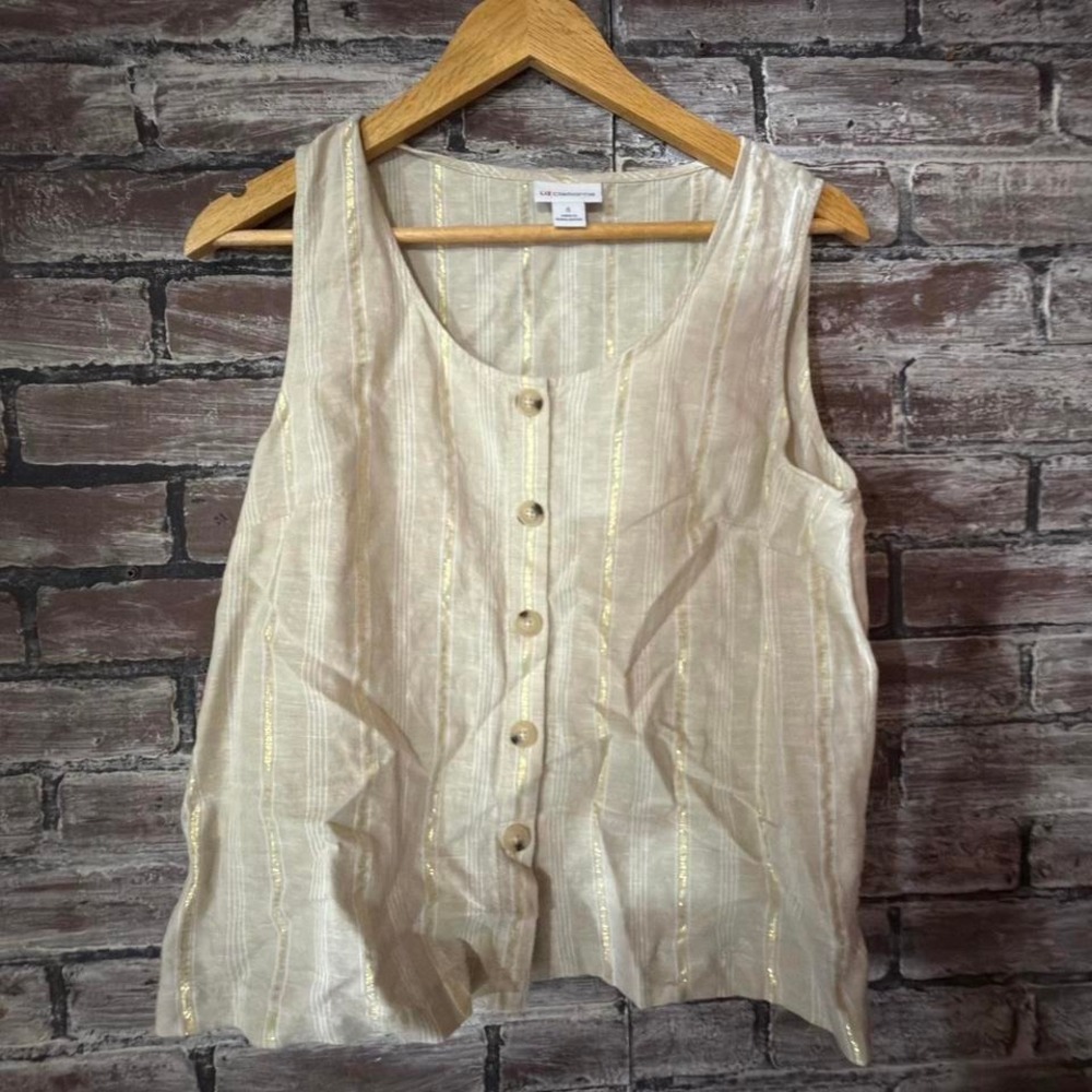 Liz Claiborne Top Women Small Beige Linen Button Front Sleeveless